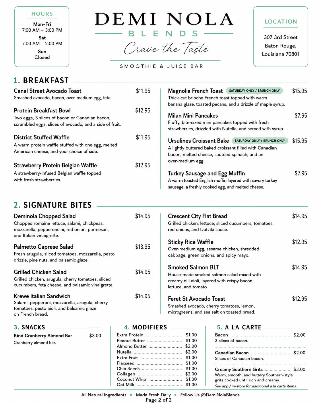 Demi Nola Blends printed menu page two — breakfast, signature bites and snacks with pricing