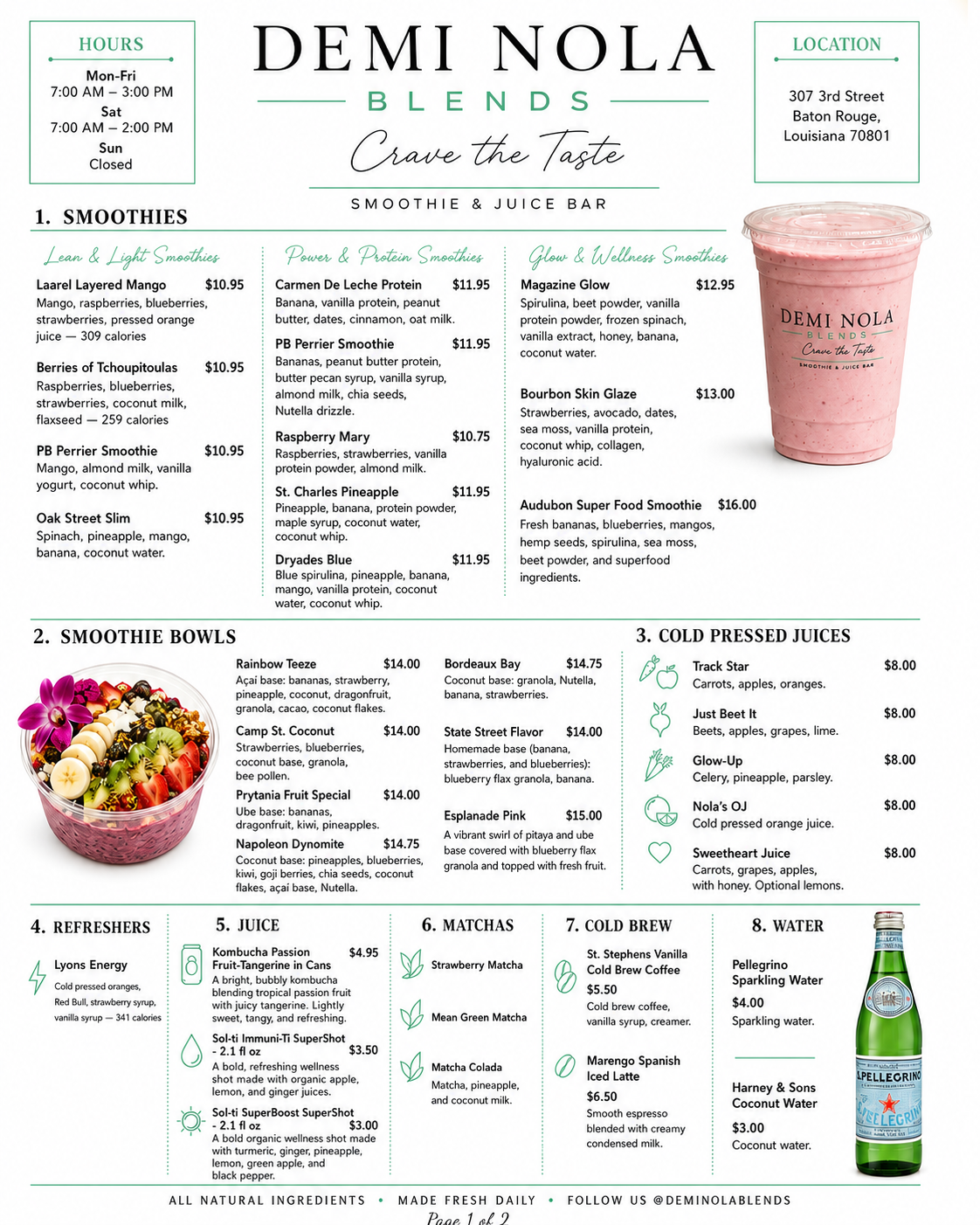 Demi Nola Blends printed menu page one — smoothies, bowls and cold-pressed juices with pricing
