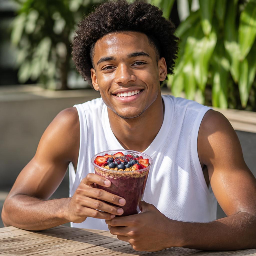 College basketball player holding a Demi Nola Blends berry smoothie bowl